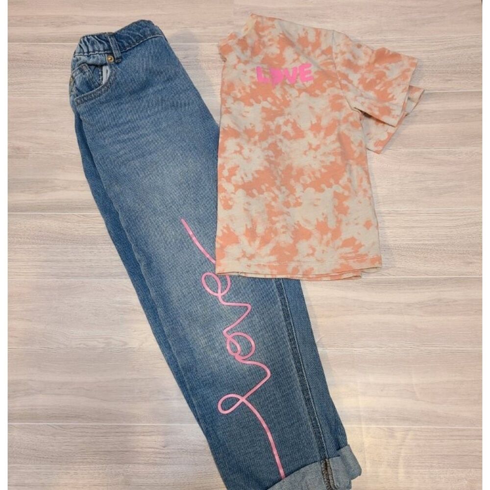365 Kids Garanimals Girls 7 Outfit Set Pink Tie Dye Shirt Distressed Denim Jeans